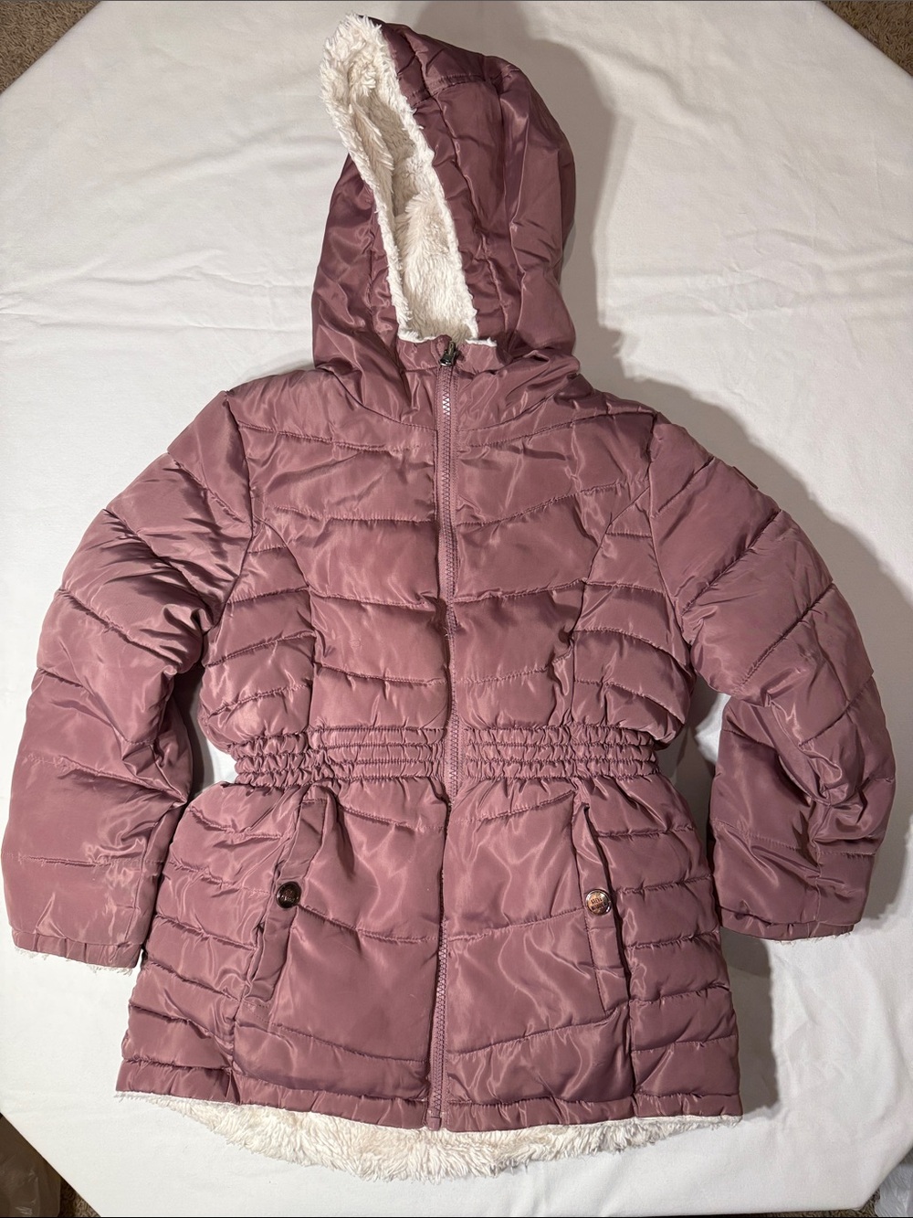 Kids Reversible Hooded Puffer Coat in Dusty Rose, White Sherpa